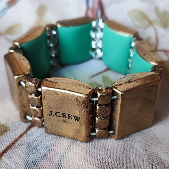J. Crew Signed Light Jade Color Enamel Stretch Bracelet Oxidized Brass - Picture 5 of 9